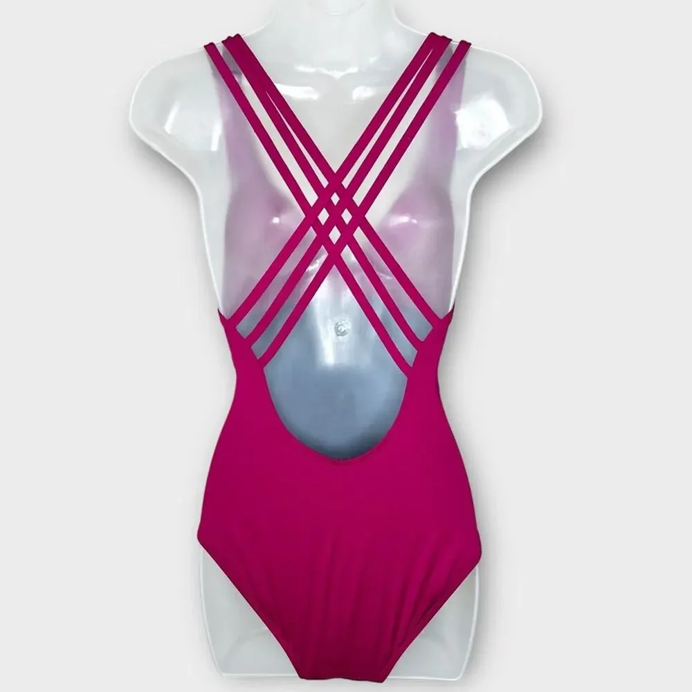 LA BLANCA raspberry pink strappy back one piece swimsuit size 4 - Picture 2 of 4